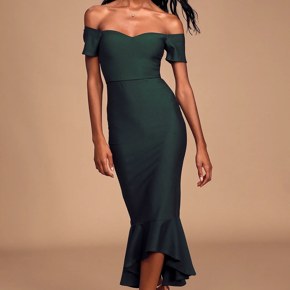 Lulus How Much I Care Dark Green Off-the-Shoulder Midi Dress